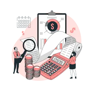 Calculatrice, graphiques financiers et personnages illustrant la gestion d'argent.