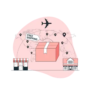 Illustration d'un colis, une carte du monde et un avion, symbolisant la logistique et la livraison.
