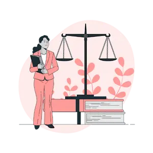 Une femme en costume tenant un dossier, devant une balance et des livres sur le droit.