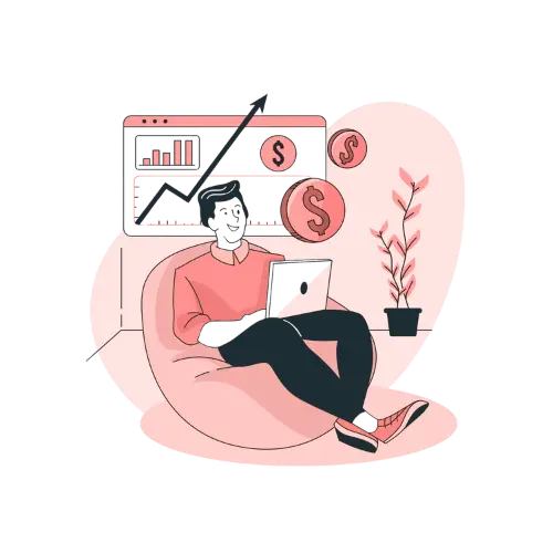 Personne assise sur un pouf, utilisant un ordinateur portable, avec des symboles monétaires.