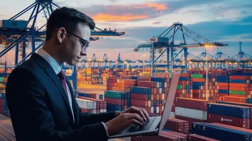 Homme en costume utilisant un ordinateur portable devant un port avec des conteneurs.