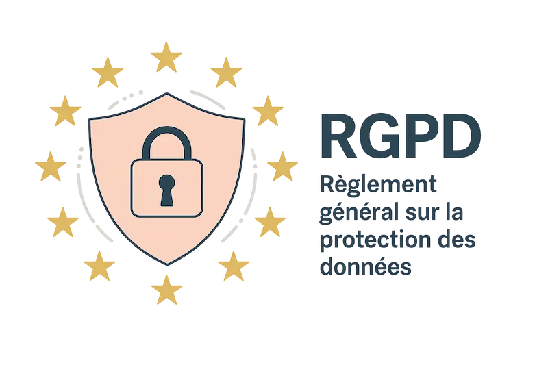 Logo RGPD avec un cadenas sur un bouclier entouré d'étoiles.