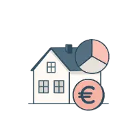 Maison stylisée avec un symbole d'euro et un graphique circulaire.