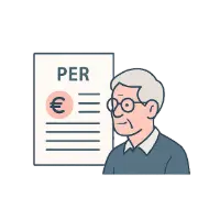 Homme âgé avec lunettes regardant un document financière marqué "PER".