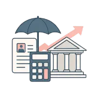 Icône représentant une banque, un calculateur, un document et un parapluie.